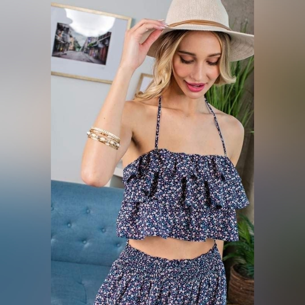 Blue Floral Halter Top with Ruffles